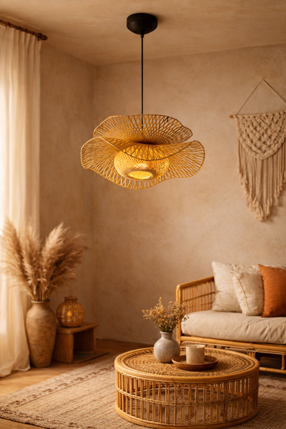 Bamboo Bloom Pendant Light | Natural Bamboo Petal Hanging Lamp| Handwoven Bamboo Leaf Pendant  Boho Bamboo Ceiling Hanging Light - ARAMINTA