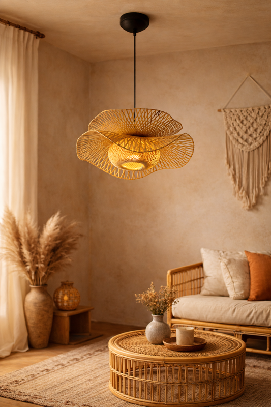 Bamboo Bloom Pendant Light | Natural Bamboo Petal Hanging Lamp| Handwoven Bamboo Leaf Pendant  Boho Bamboo Ceiling Hanging Light - ARAMINTA