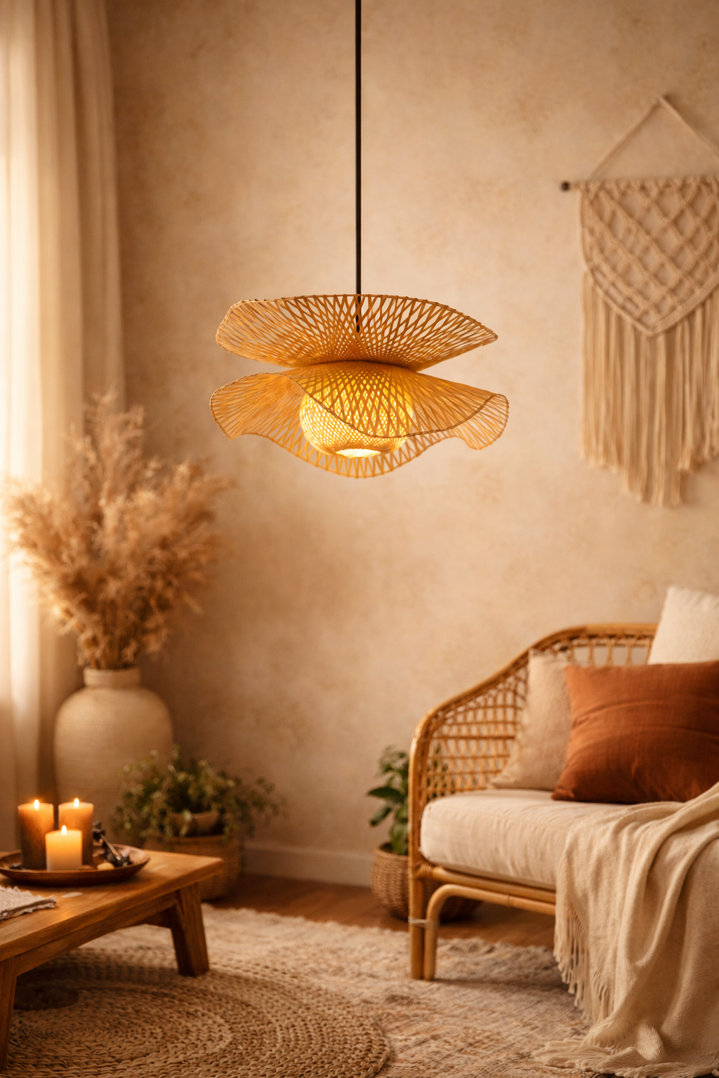 Bamboo Bloom Pendant Light | Natural Bamboo Petal Hanging Lamp| Handwoven Bamboo Leaf Pendant  Boho Bamboo Ceiling Hanging Light - ARAMINTA