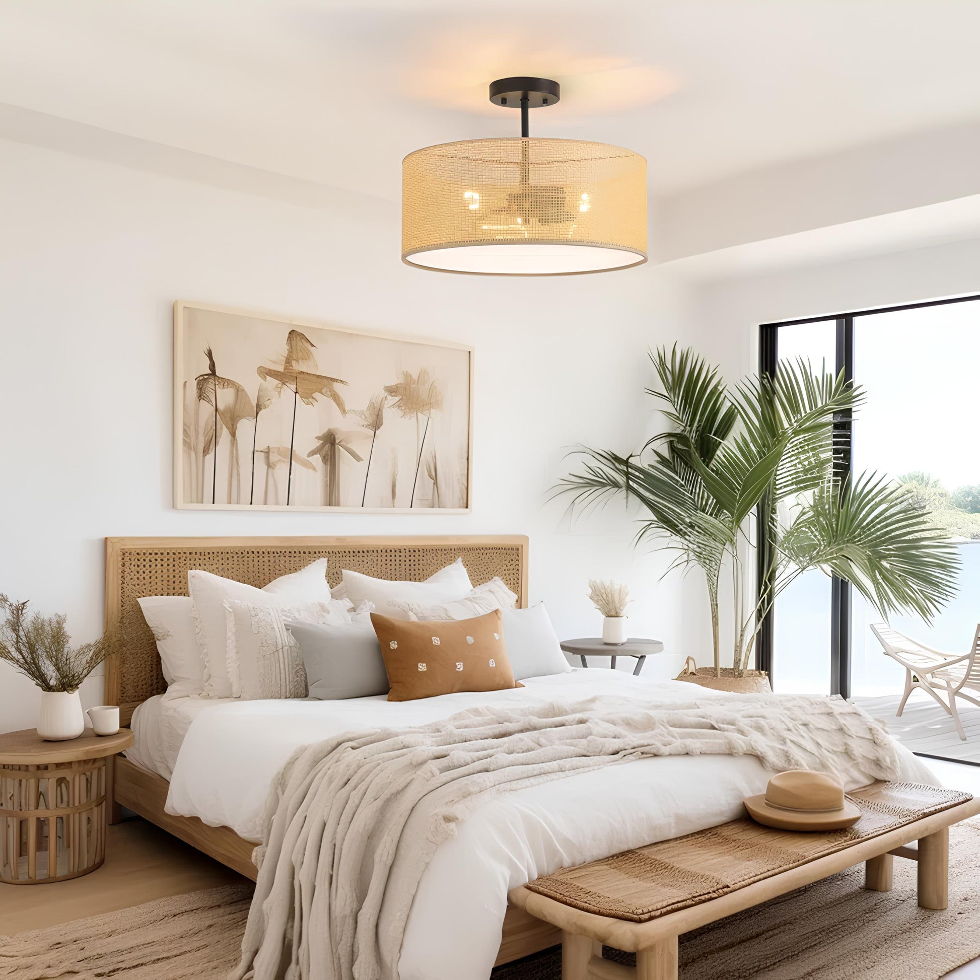 Rattan Ceiling Flush Mount Lamp for Living Room | Cane Pendant light | Wicker ceiling light - Saberiyas - Akway Uncategorized