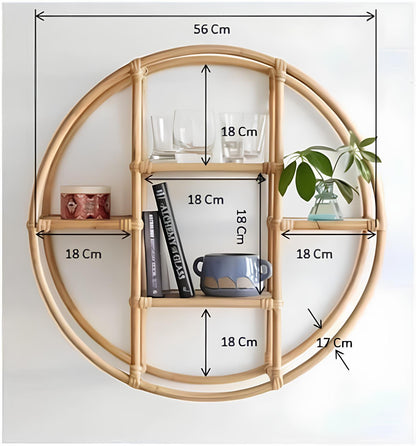 Akway Cane Wicker Rattan Bamboo Round Floating Wall Shelves for storage organizer for Living Room - Akway