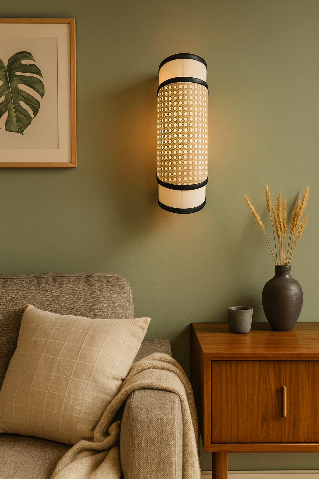 Woven wall sconce on a green wall with a sofa and side table in the foreground