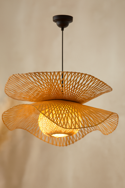 Bamboo Bloom Pendant Light | Natural Bamboo Petal Hanging Lamp| Handwoven Bamboo Leaf Pendant Boho Bamboo Ceiling Hanging Lig