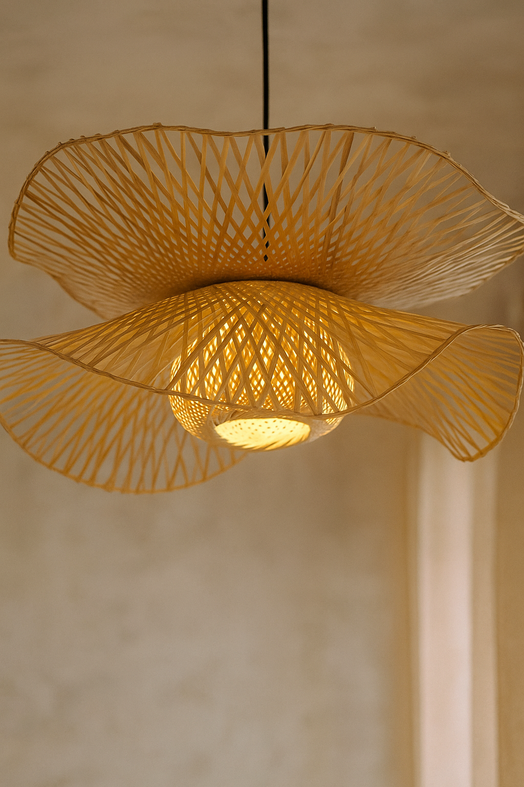 Bamboo Bloom Pendant Light | Natural Bamboo Petal Hanging Lamp| Handwoven Bamboo Leaf Pendant Boho Bamboo Ceiling Hanging Lig