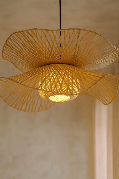 Bamboo Bloom Pendant Light | Natural Bamboo Petal Hanging Lamp| Handwoven Bamboo Leaf Pendant Boho Bamboo Ceiling Hanging Lig