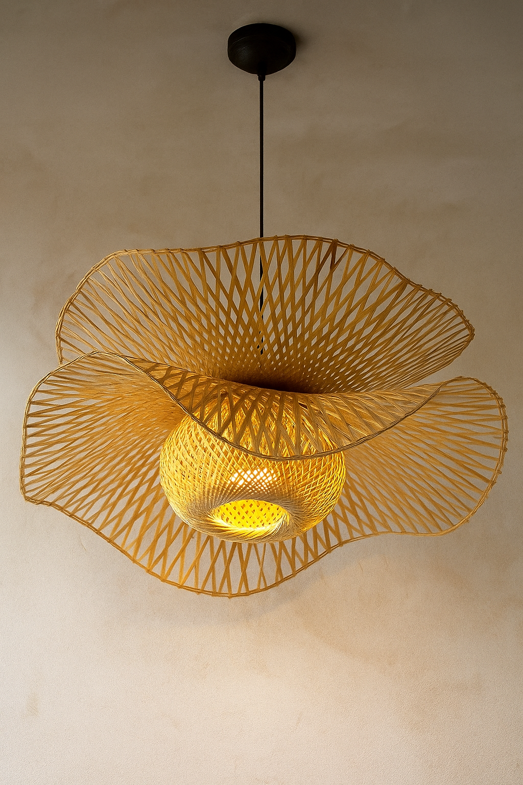 Bamboo Bloom Pendant Light | Natural Bamboo Petal Hanging Lamp| Handwoven Bamboo Leaf Pendant Boho Bamboo Ceiling Hanging Lig