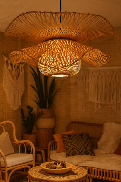 Bamboo Bloom Pendant Light | Natural Bamboo Petal Hanging Lamp| Handwoven Bamboo Leaf Pendant Boho Bamboo Ceiling Hanging Lig