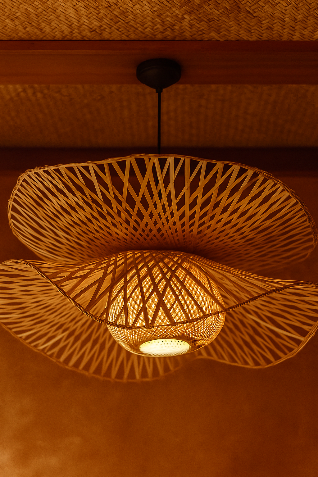 Bamboo Bloom Pendant Light | Natural Bamboo Petal Hanging Lamp| Handwoven Bamboo Leaf Pendant Boho Bamboo Ceiling Hanging Lig