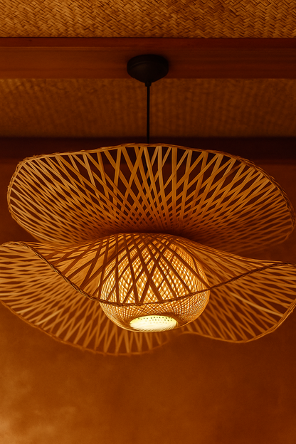 Bamboo Bloom Pendant Light | Natural Bamboo Petal Hanging Lamp| Handwoven Bamboo Leaf Pendant Boho Bamboo Ceiling Hanging Lig