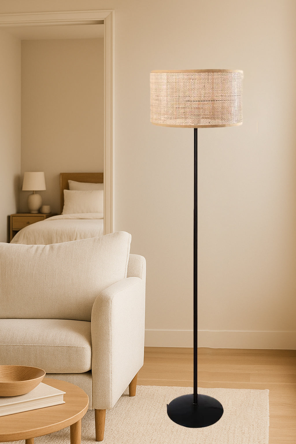 AKWAY Rattan Cane Webbing Floor Lamp Bamboo Floor Lamp Cane Floor Lamp Standing Lamp Wooden Standing lamp for Living Room Bed