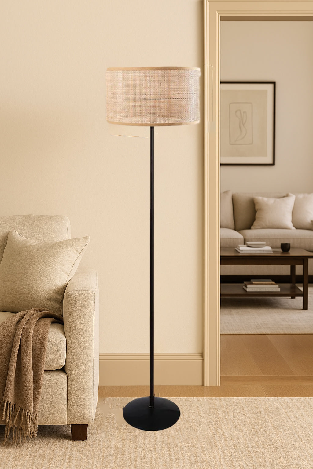 AKWAY Rattan Cane Webbing Floor Lamp Bamboo Floor Lamp Cane Floor Lamp Standing Lamp Wooden Standing lamp for Living Room Bed