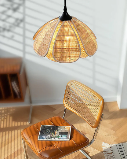 Rattan Bloom Pendant Light | Natural Cane Petal Hanging Lamp| Handwoven Rattan Leaf Pendant Boho Cane Ceiling Hanging Light -