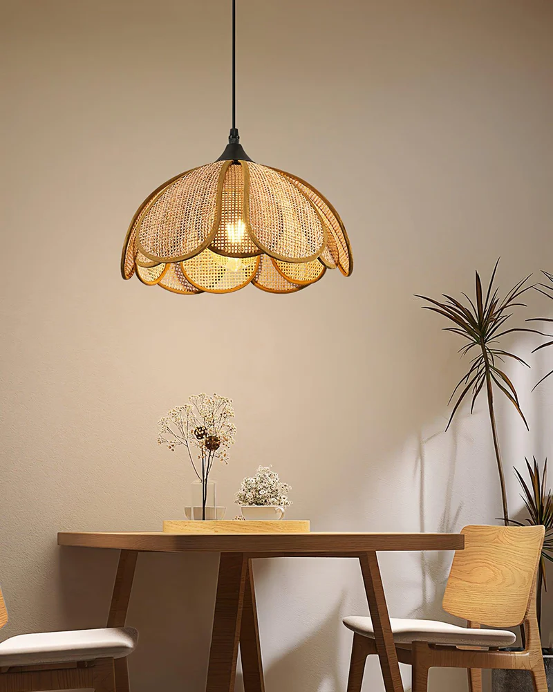 Rattan Bloom Pendant Light | Natural Cane Petal Hanging Lamp| Handwoven Rattan Leaf Pendant Boho Cane Ceiling Hanging Light -