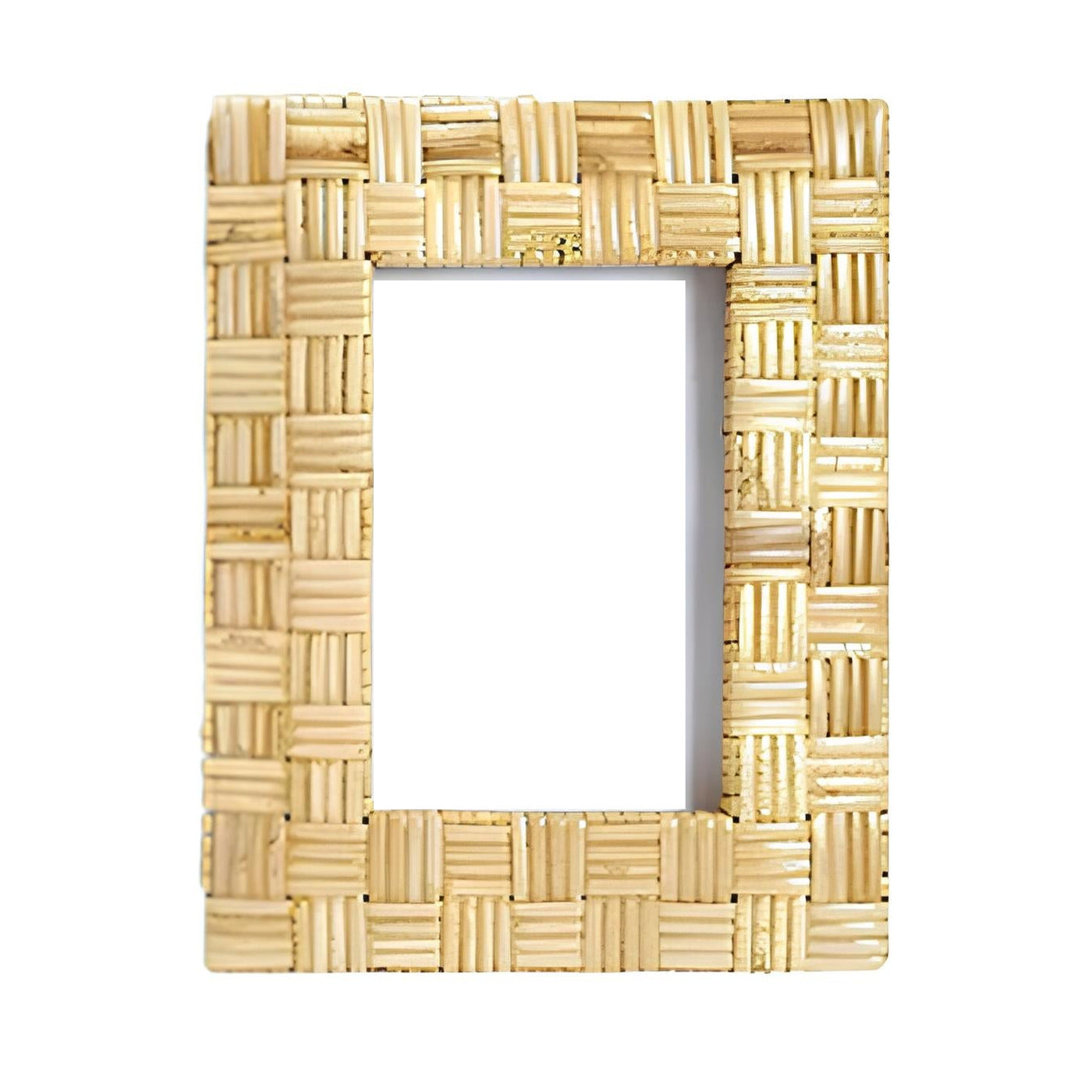 Rattan photo frame 4x6 inch, handwoven cane border, on white background