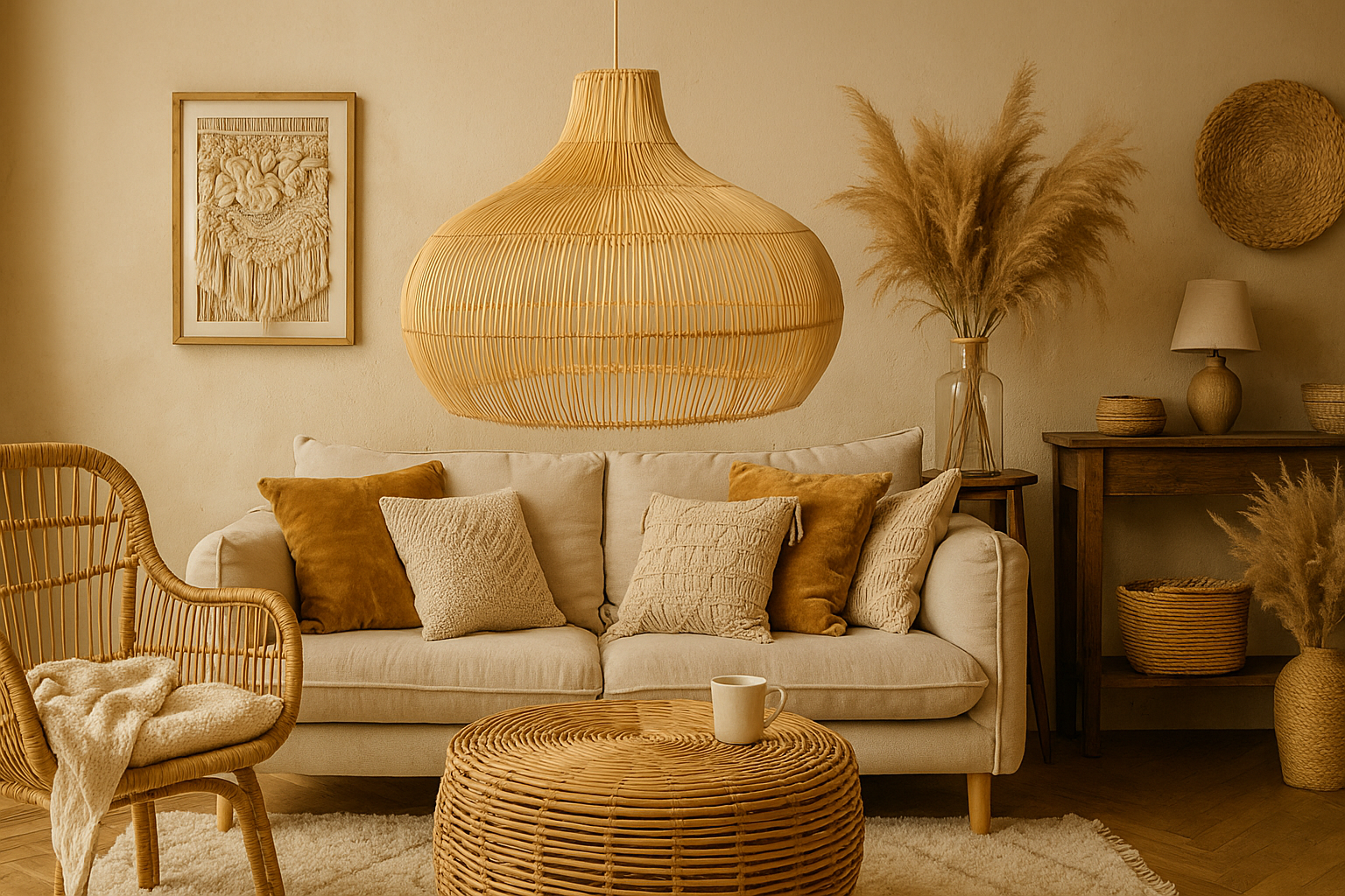Bamboo Hanging lamp for Living Room | Rattan Pendant light | Cane ceiling light - Johar 14" Dia x 14" H by Akway - Image 7