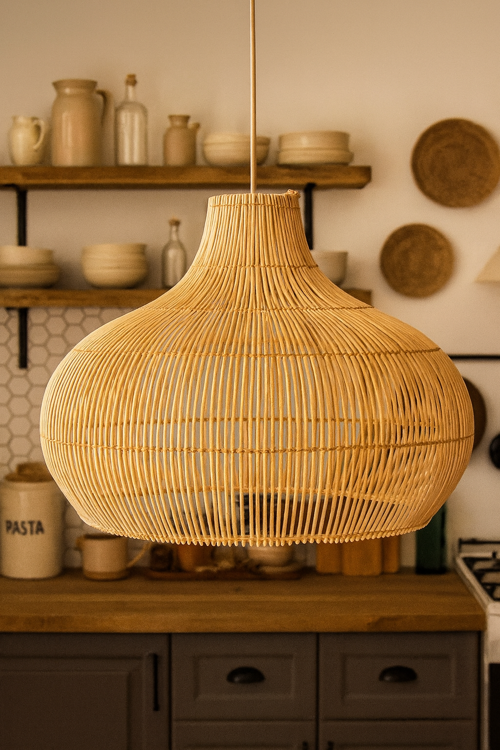 Bamboo Hanging lamp for Living Room | Rattan Pendant light | Cane ceiling light - Johar 14" Dia x 14" H by Akway - Image 5