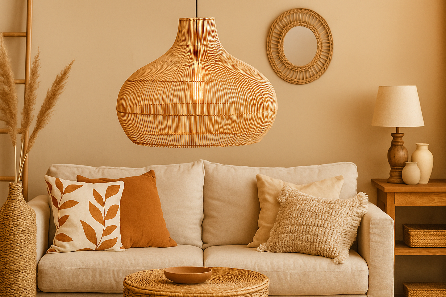 Bamboo Hanging lamp for Living Room | Rattan Pendant light | Cane ceiling light - Johar 14" Dia x 14" H by Akway - Image 1