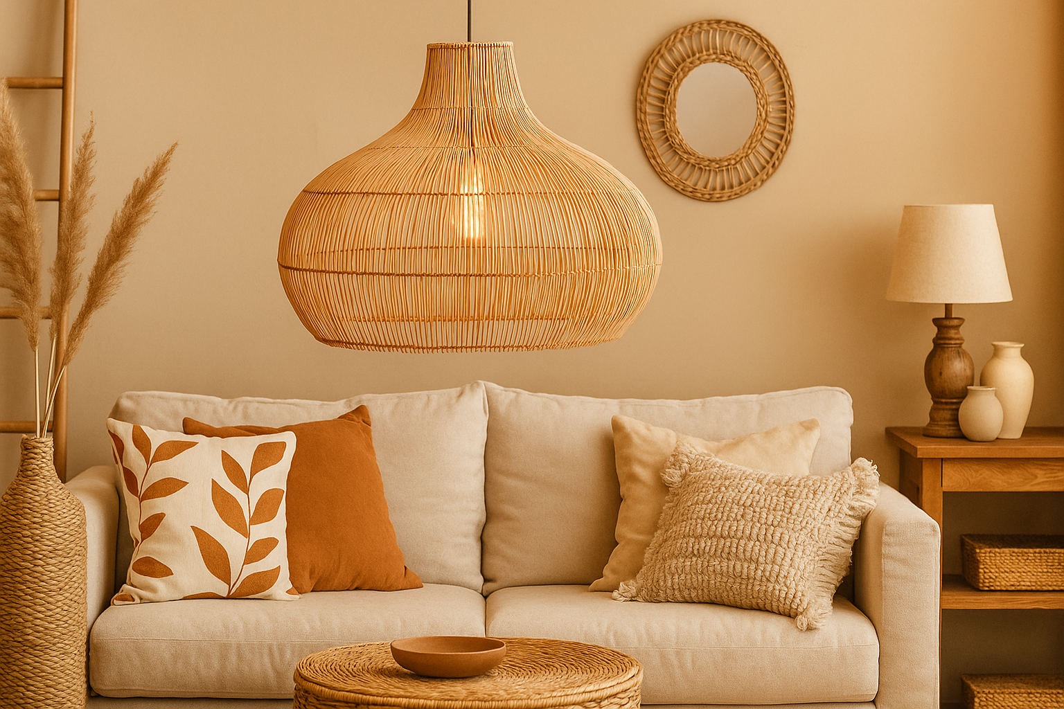 Bamboo Hanging lamp for Living Room | Rattan Pendant light | Cane ceiling light - Johar 14" Dia x 14" H by Akway - Image 1