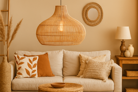 Bamboo Hanging lamp for Living Room | Rattan Pendant light | Cane ceiling light - Johar 14" Dia x 14" H by Akway - Image 1
