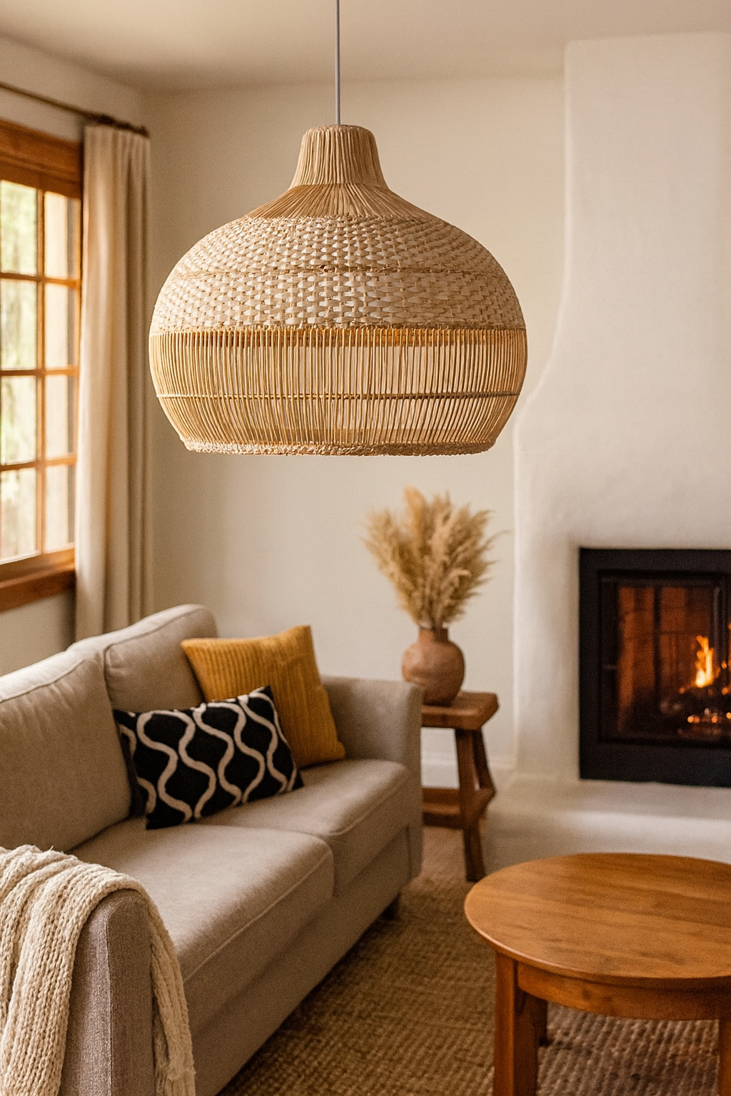 Bamboo Hanging lamp for Living Room | Rattan Pendant light | Cane ceiling light - Laksh 14" Dia x 14" H by Akway - Image 7