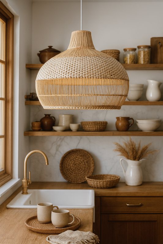 Bamboo Hanging lamp for Living Room | Rattan Pendant light | Cane ceiling light - Laksh 14" Dia x 14" H by Akway - Image 1