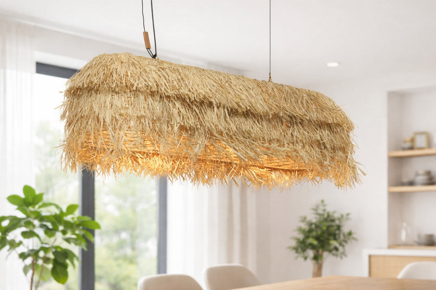 Handcrafted Natural Raffia Hanging | Pendant Light | Boho Chandelier for Dining Living Spaces - WHITLEY by Akway - Image 1