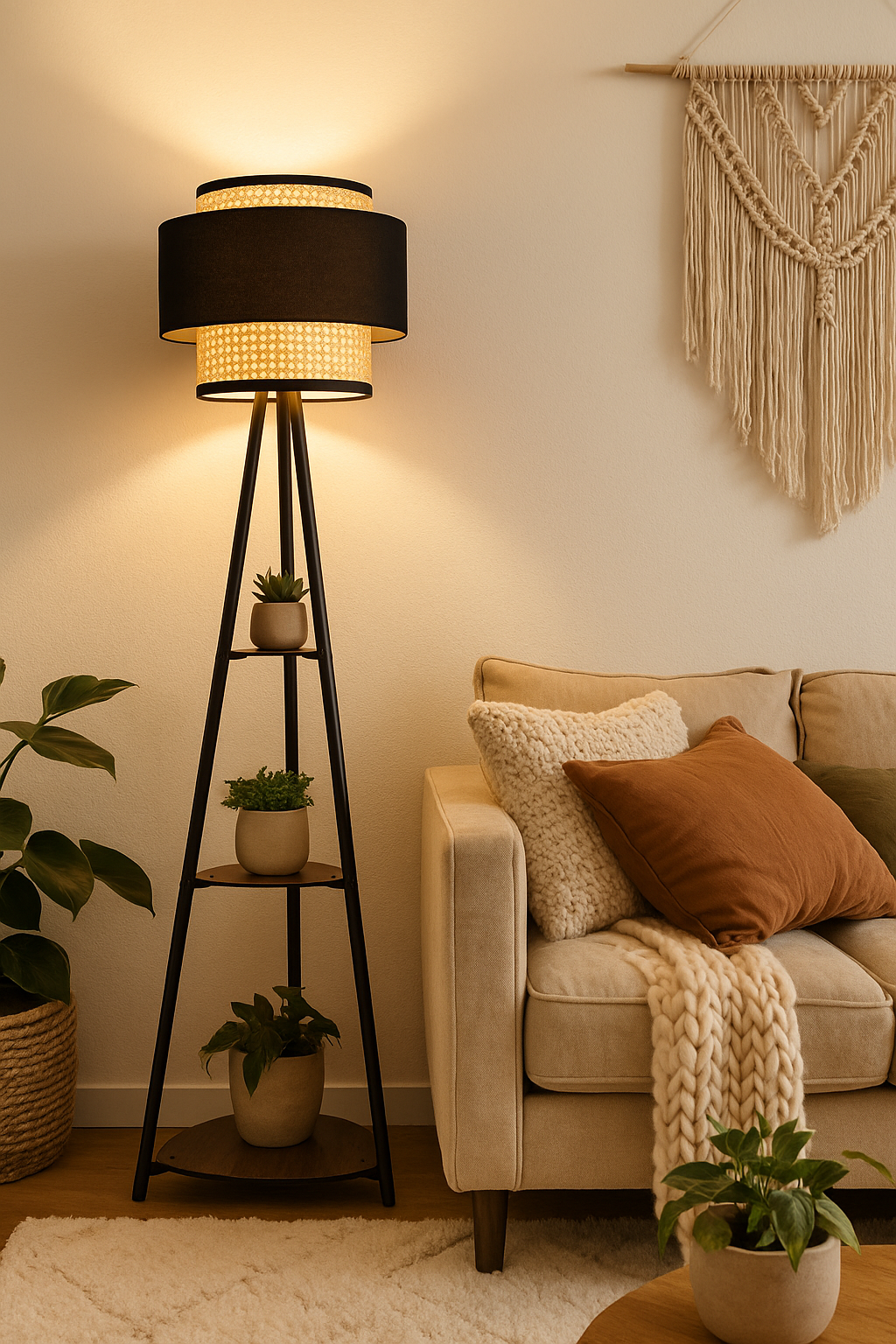 Bamboo Tripod Floor Lamp | Living Room Cane Floor Lamp | Home Rattan for Living Room | Standing Lamp Wooden Floor Standing...