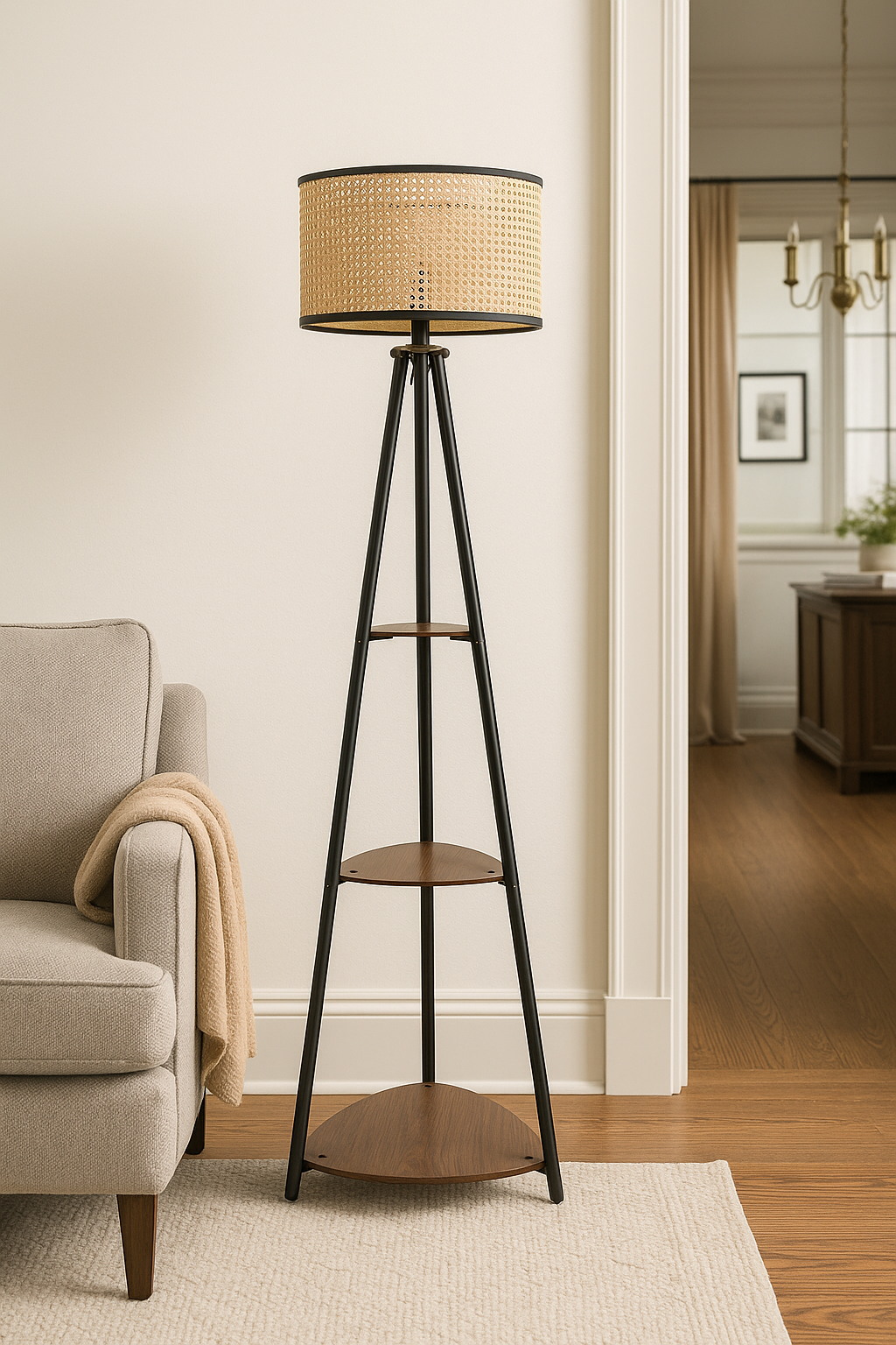 Bamboo Tripod Floor Lamp | Living Room Cane Floor Lamp | Home Rattan for Living Room | Standing Lamp Wooden Floor Standing...