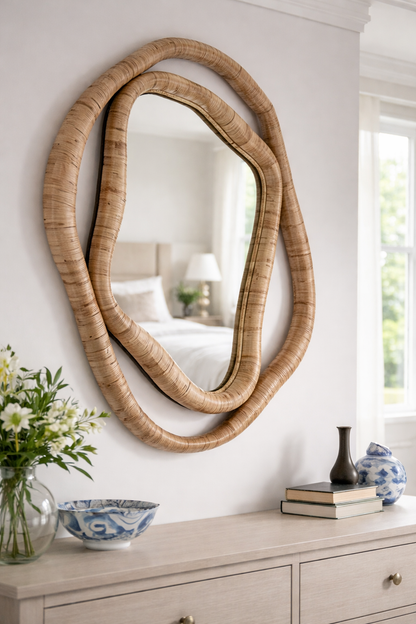 Bamboo Wall Mirror for living room | Cane Wall Mirror | Rattan Mirror - Shrishti - Akway