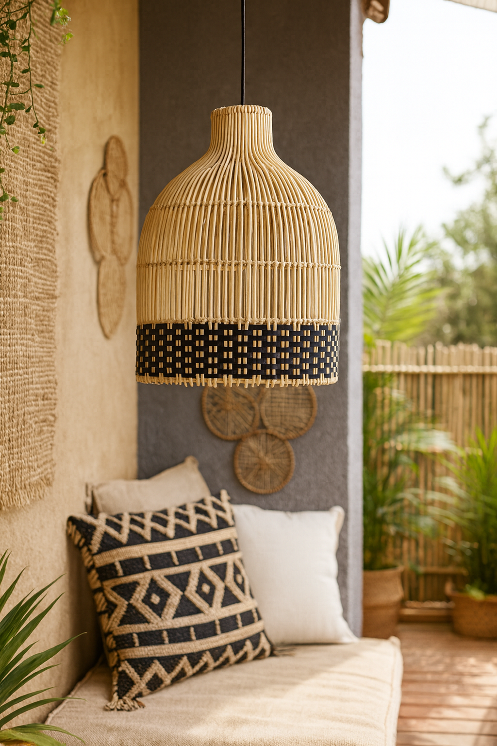 Bamboo Hanging lamp for Living Room | Rattan Pendant light | Cane ceiling light - Nimit 14" Dia x 14" H by Akway - Image 3