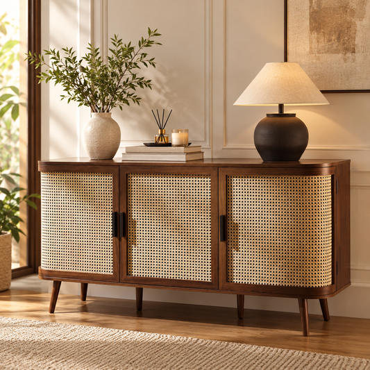 Rattan Wooden Sideboard | Cane Rattan TV Unit - Pioraa