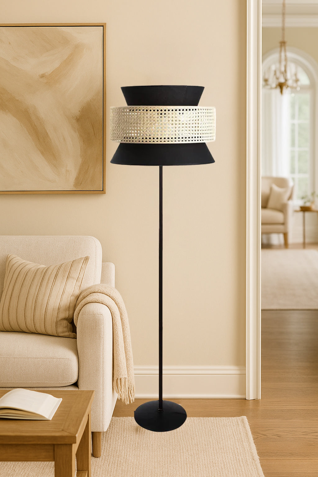 Rattan Cane Webbing Floor Lamp Bamboo Floor Lamp Cane Floor Lamp (Cone Shaped) -Abriana by Akway - Lighting > Floor Lamps