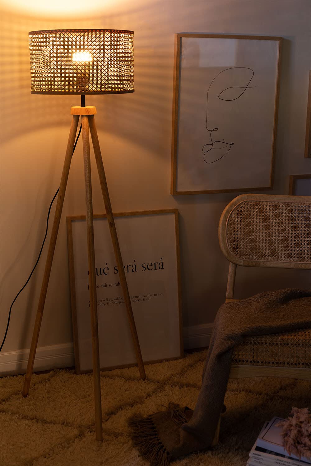 Rattan Webbing wooden Tripod Floor Lamp for Living Room | Cane webbing standing lamp for Bedroom - Harry Lewis by Akway -...