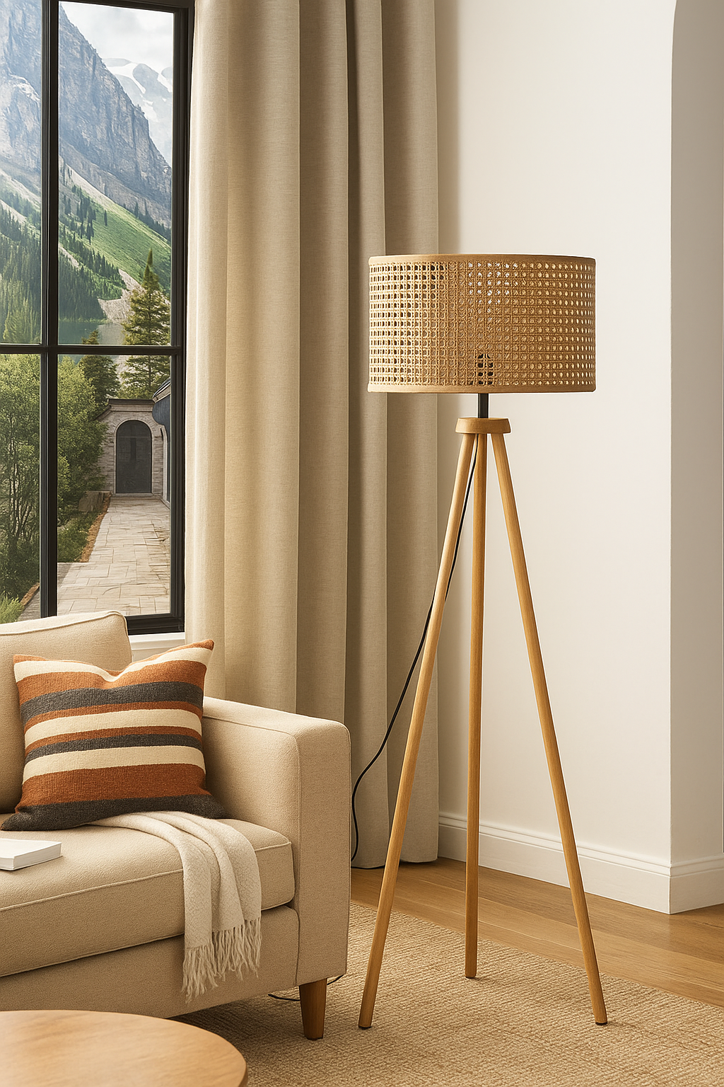 Rattan Webbing wooden Tripod Floor Lamp for Living Room | Cane webbing standing lamp for Bedroom - Harry Lewis by Akway -...