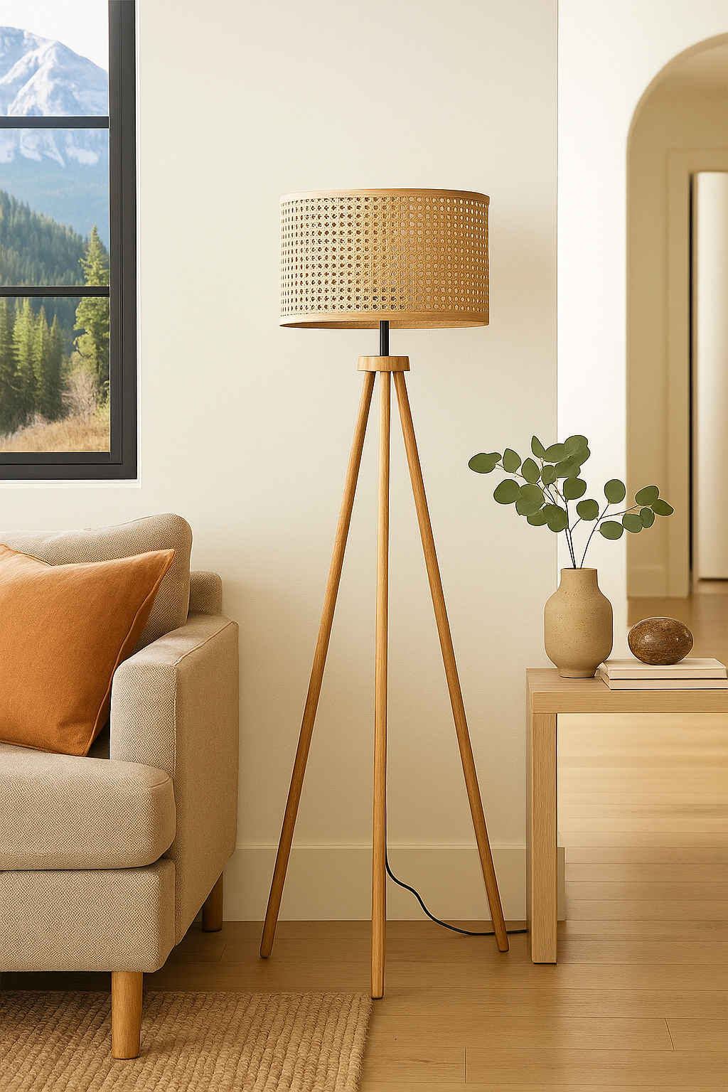Rattan Webbing wooden Tripod Floor Lamp for Living Room | Cane webbing standing lamp for Bedroom - Harry Lewis by Akway -...