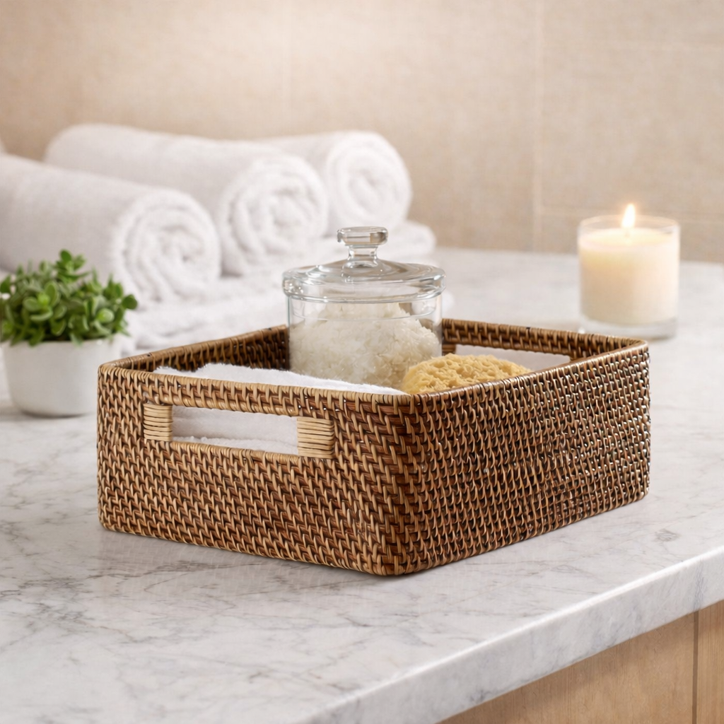AKWAY Handmade Bamboo Storage Organizer Wicker Basket for Cloth, Toiletry (Rattan,12 x 8 x 4, Beige) - Akway