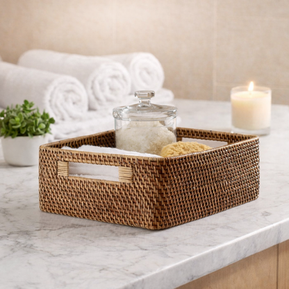 AKWAY Handmade Bamboo Storage Organizer Wicker Basket for Cloth, Toiletry (Rattan,12 x 8 x 4, Beige) - Akway