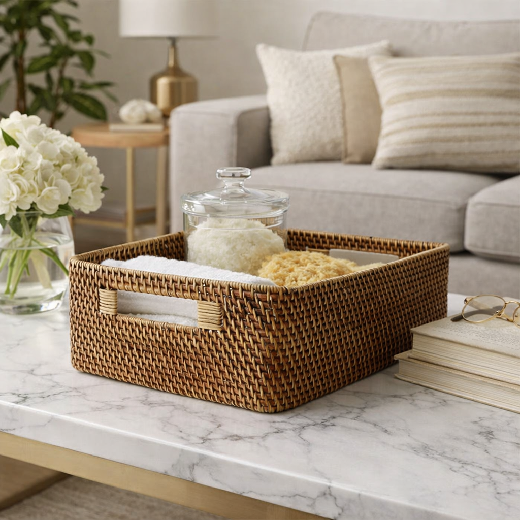 AKWAY Handmade Bamboo Storage Organizer Wicker Basket for Cloth, Toiletry (Rattan,12 x 8 x 4, Beige) - Akway