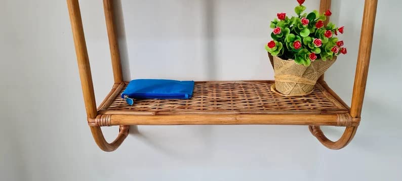 AKWAY Rattan Wall Shelf, Two Tier Wall Shelf, Boho Wall Shelf, Cane Shelf, Wooden Shelf, Hanging Shelf, Rattan Wall Planter, 