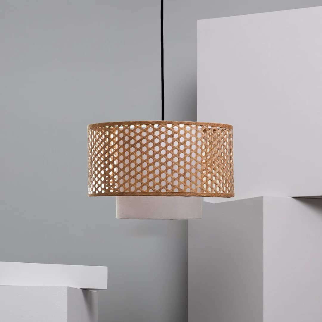 AKWAY Bamboo Lamp for Living Room Cane Pendant Light Rattan lamp for Hanging Bamboo Ceiling lamp for Home Decoration (Beige 12 Dia x 7) - Akway