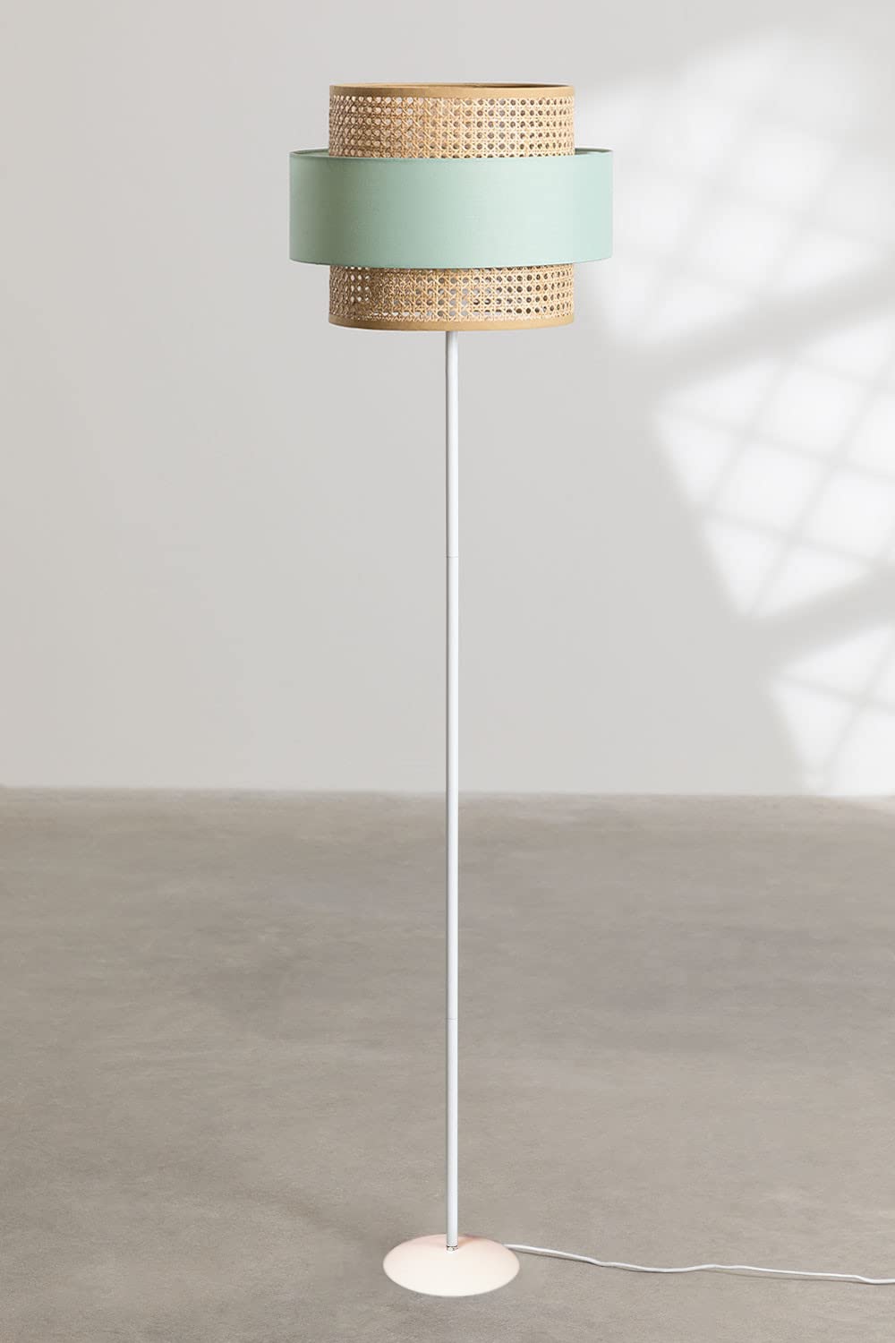 AKWAY Rattan Cane Webbing Floor Lamp Bamboo Floor Lamp Cane Floor Lamp Standing Lamp Wooden Standing lamp for Living Room Bedroom (14" D X 11")(White Stand) (Olive Green) - Akway