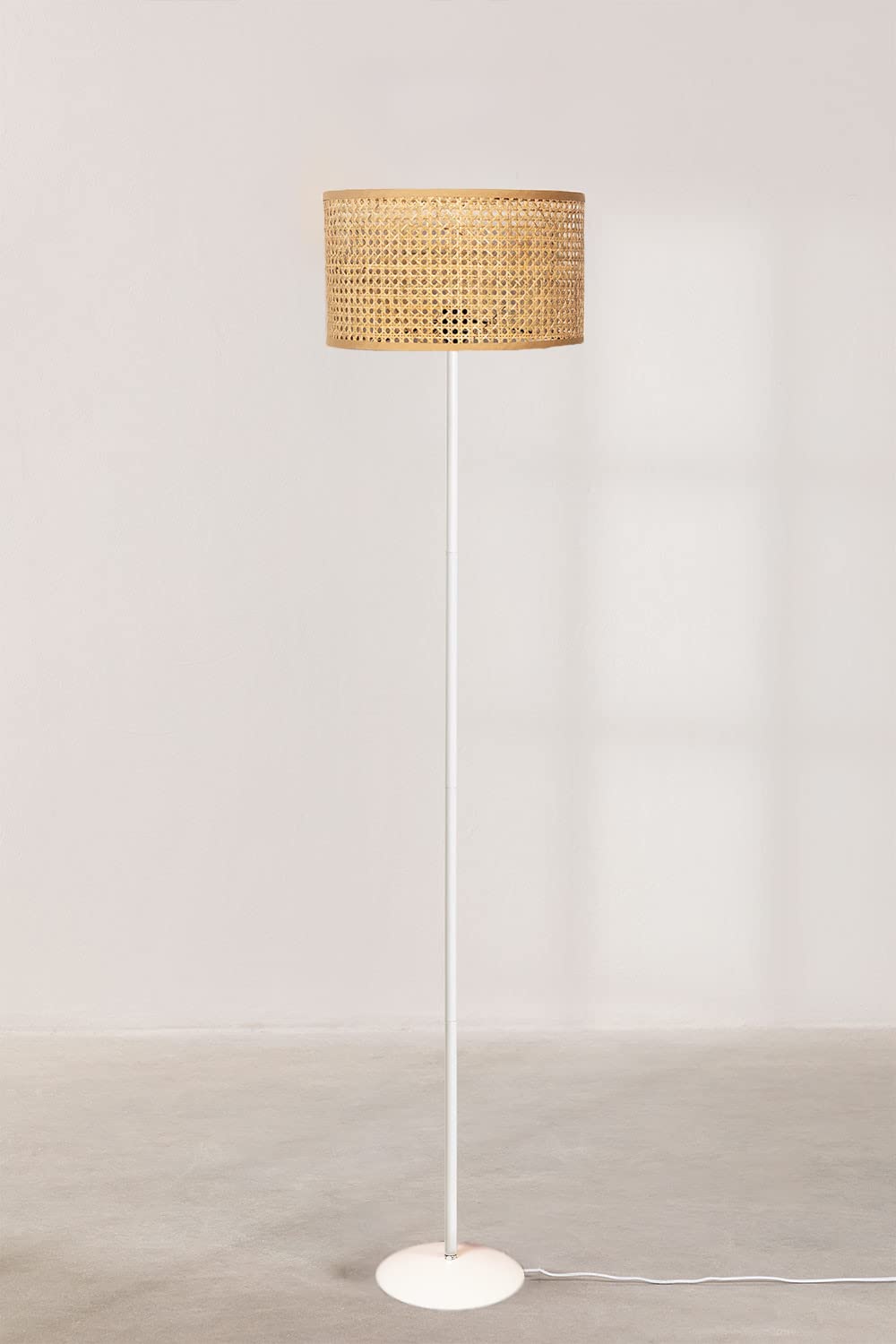 AKWAY Rattan Cane Webbing Floor Lamp Bamboo Floor Lamp Cane Floor Lamp Standing Lamp Wooden Standing lamp for Living Room Bedroom (14" D X 8")(White Stand) (Eye Webbing) - Akway