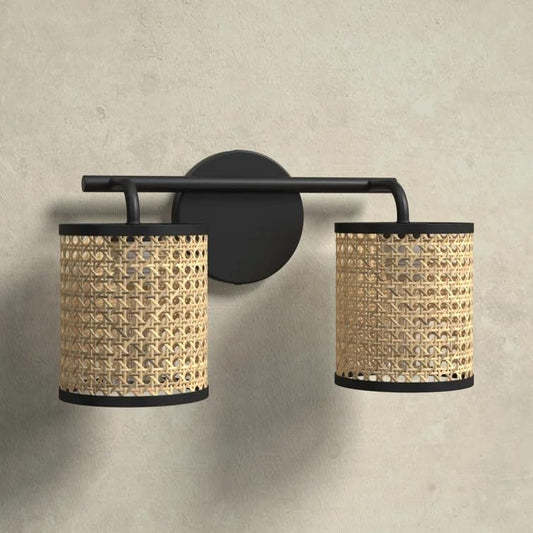 AKWAY Bamboo Wall Lamps for Living Rooms | Rattan and Cane Webbing Wall Lamps for Bedroom | Wicker Wall Lamps for Home Decoration Eye Shape Webbing (Bulb not Included) Double lamp (12 x 12 CM)(Black) - Akway