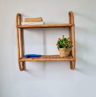 AKWAY Rattan Wall Shelf, Two Tier Wall Shelf, Boho Wall Shelf, Cane Shelf, Wooden Shelf, Hanging Shelf, Rattan Wall Planter, 
