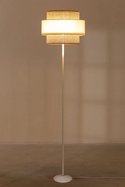 AKWAY Rattan Cane Webbing Floor Lamp Bamboo Floor Lamp Cane Floor Lamp Standing Lamp Wooden Standing lamp for Living Room Bedroom (14" D X 11")(White Stand) (Beige) - Akway