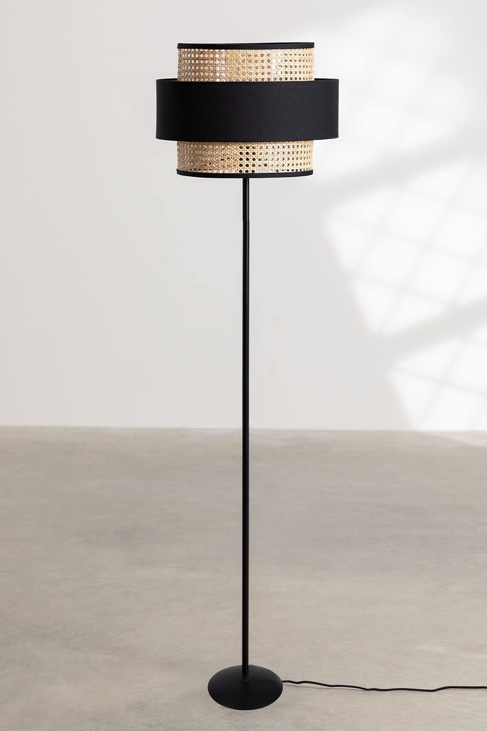 AKWAY Rattan Cane Webbing Floor Lamp Bamboo Floor Lamp Cane Floor Lamp Standing Lamp Wooden Standing lamp for Living Room Bedroom (14" D X 11") (Black Stand) (Black) - Akway