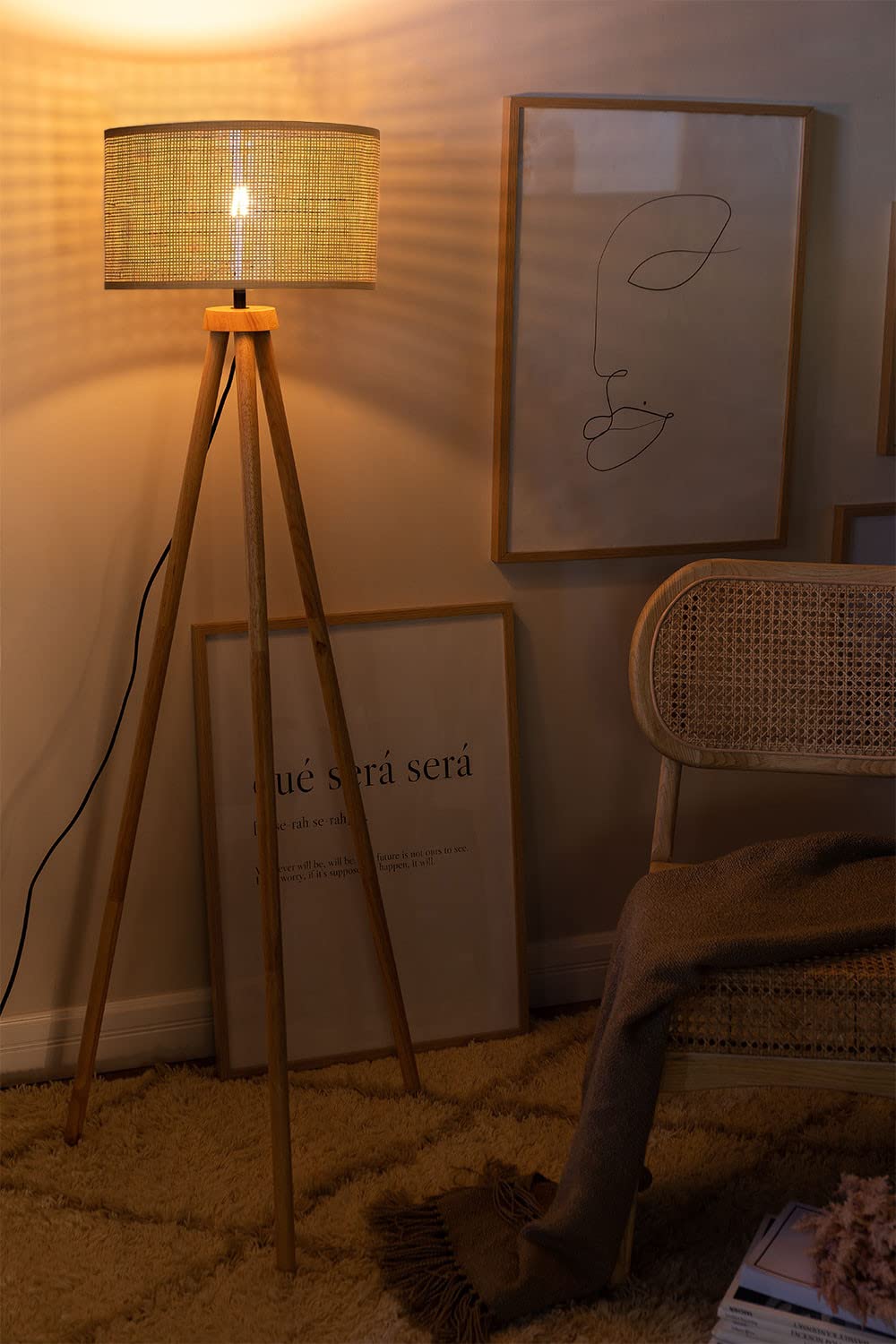 AKWAY Rattan Cane Webbing Floor Lamp Bamboo Floor Lamp Cane Floor Lamp Standing Lamp Wooden Standing lamp for Living Room Bedroom (14" D X 7")(Square Webbing) - Akway