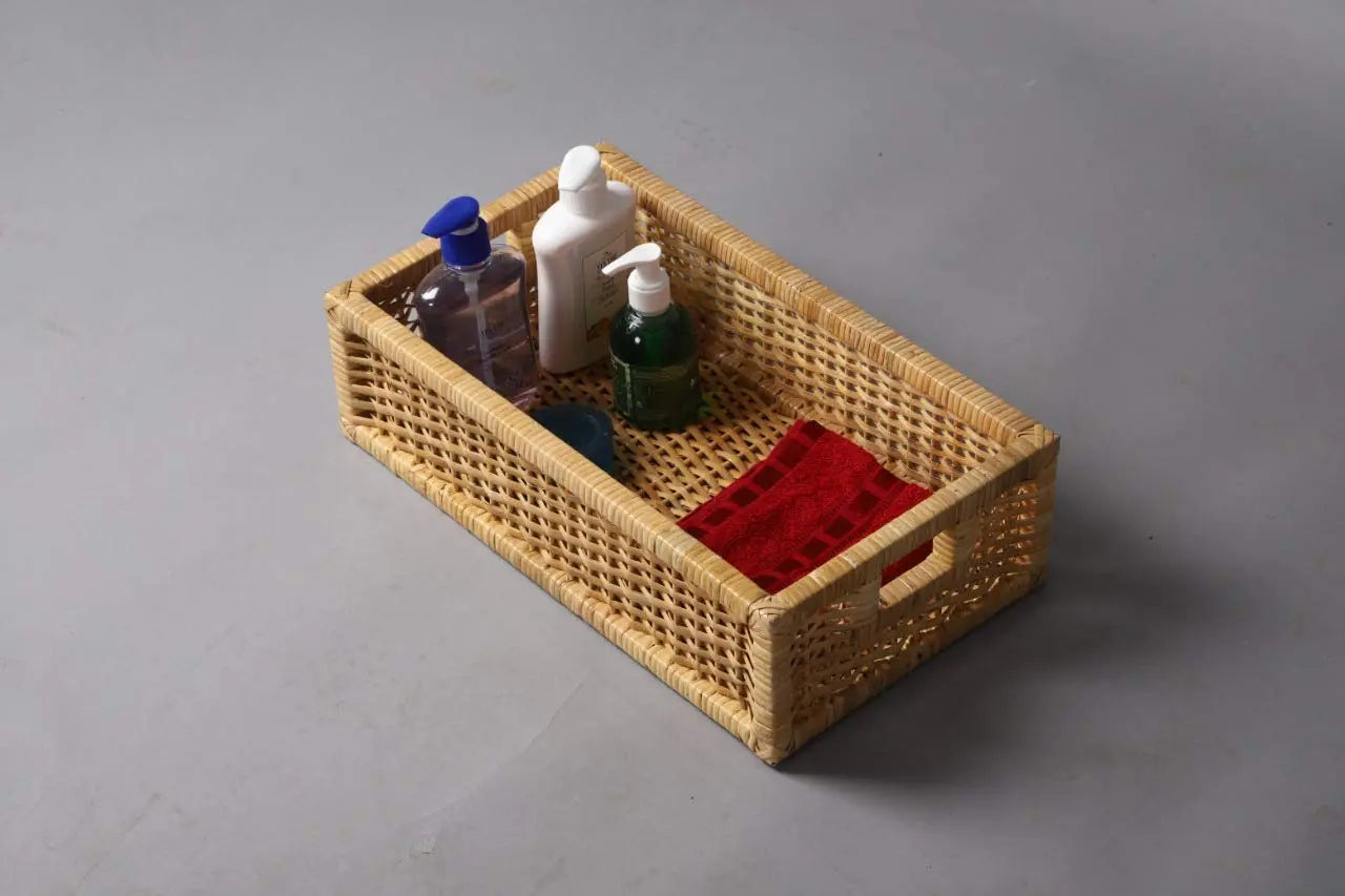AKWAY Handmade Bamboo Storage Organizer Wicker Basket for Cloth, Toiletry, Cosmetic, Towels, Toys, Bathroom (18 x 11 x 5.5, Beige) Akway