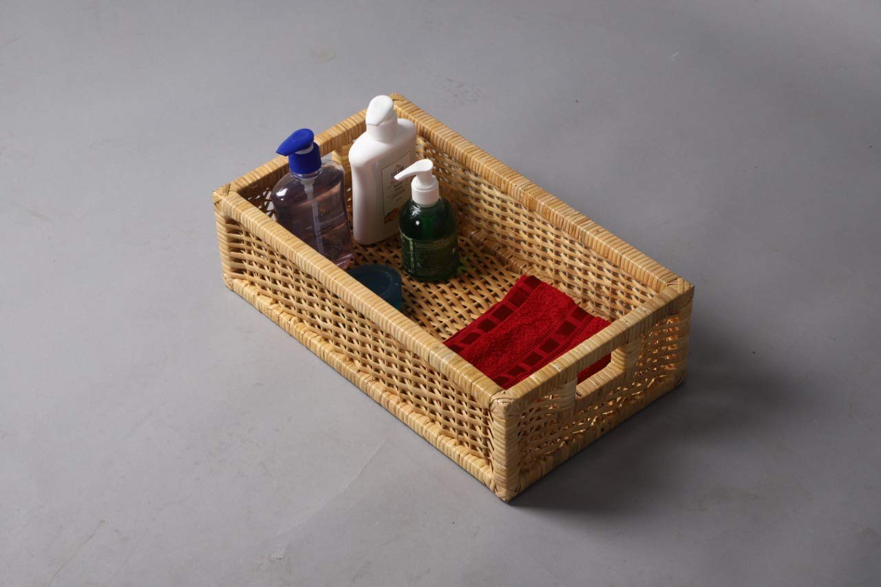 AKWAY Handmade Bamboo Wicker Storage Organizer Basket for Cloth, Toiletry, Bathroom (16 x 9 x 4.5, Beige,Rattan,Pack of 1) - Akway