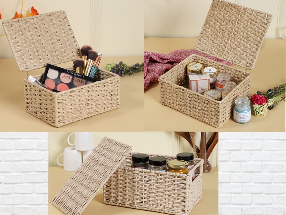 AKWAY wicker water hyacinth kauna grass bamboo cane Storage Basket with Lids Rectangular Handwoven Wicker Organizer Baskets Desktop Storage Box Rattan Container Desk Basket Bins(SET OF 3) - Akway